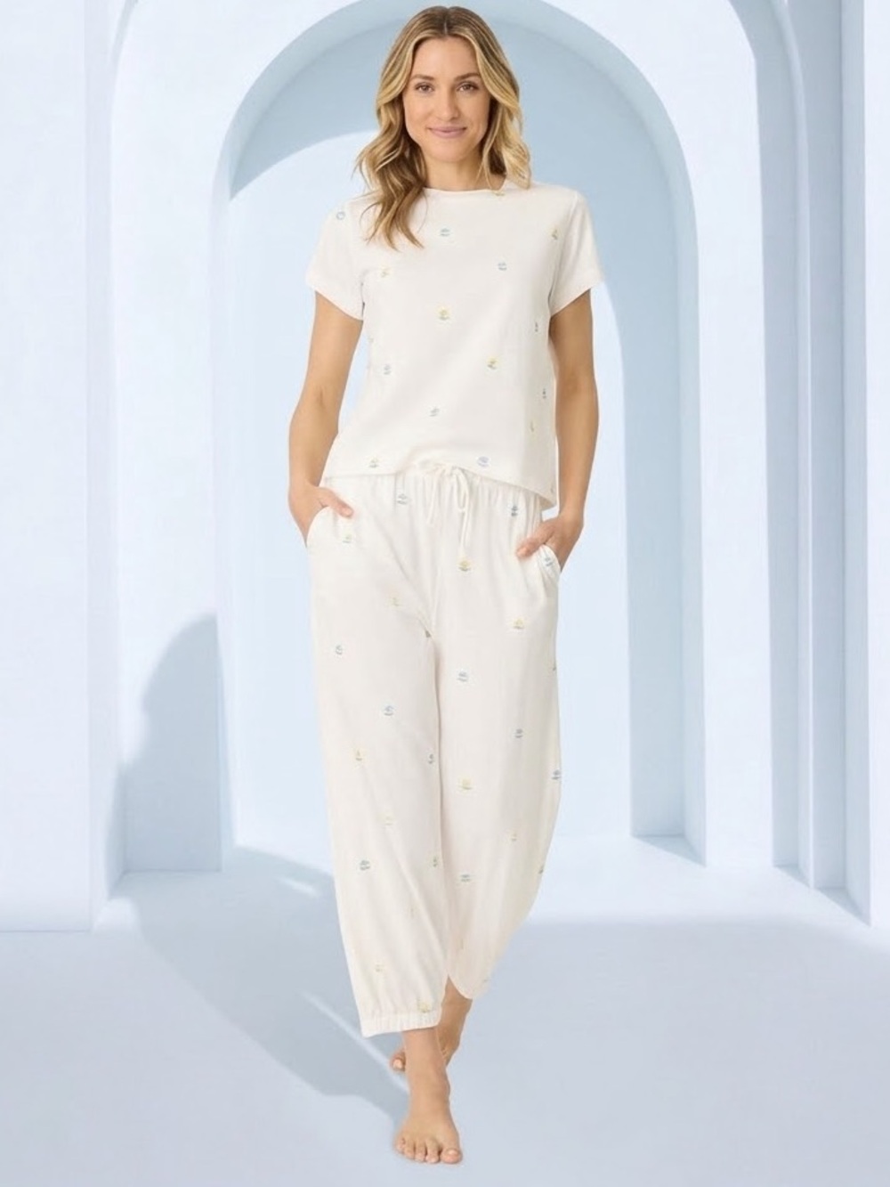 PJ Salvage Dainty Daisy Embroidered Pajama Set Ivory Small